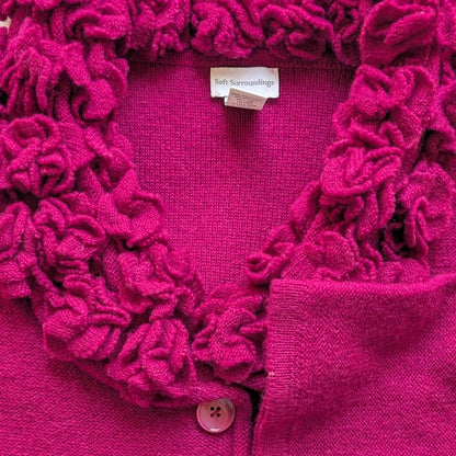 Soft Surroundings Plum Wool Cardigan with Ruffle Rosette Collar, Size XS