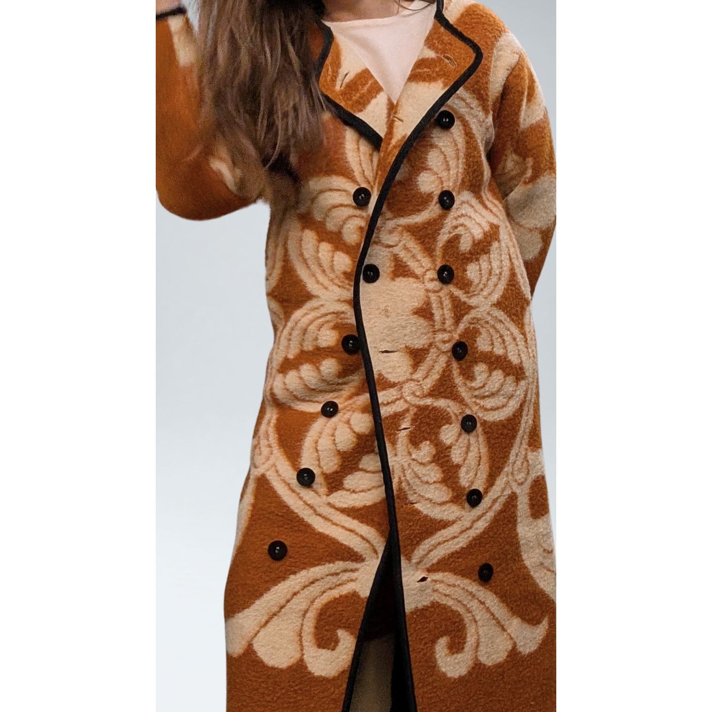 Carleen Upcycled Wool Blanket Coat Pumpkin & Cream