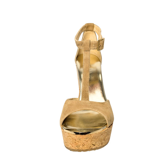 Jimmy Choo Tan Suede Cork Platform Sandals with Gold Accents