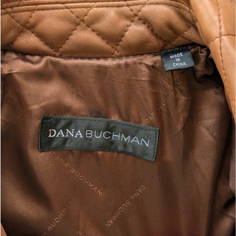 Dana Buchman Cognac Brown Quilted Genuine Leather Jacket Snap Front Size S