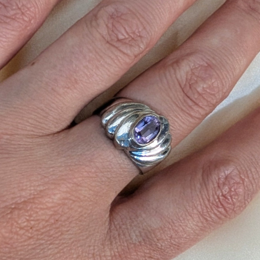 Vintage 925 Sterling Silver Amethyst Ring Size 7 Sculptural Statement Ring