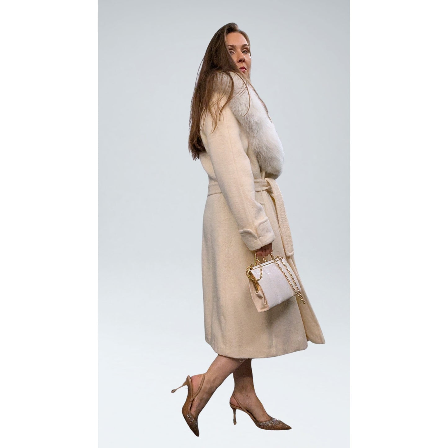 Vintage Windermere Cream Wool A-Line Coat with Detachable Fox Fur Collar