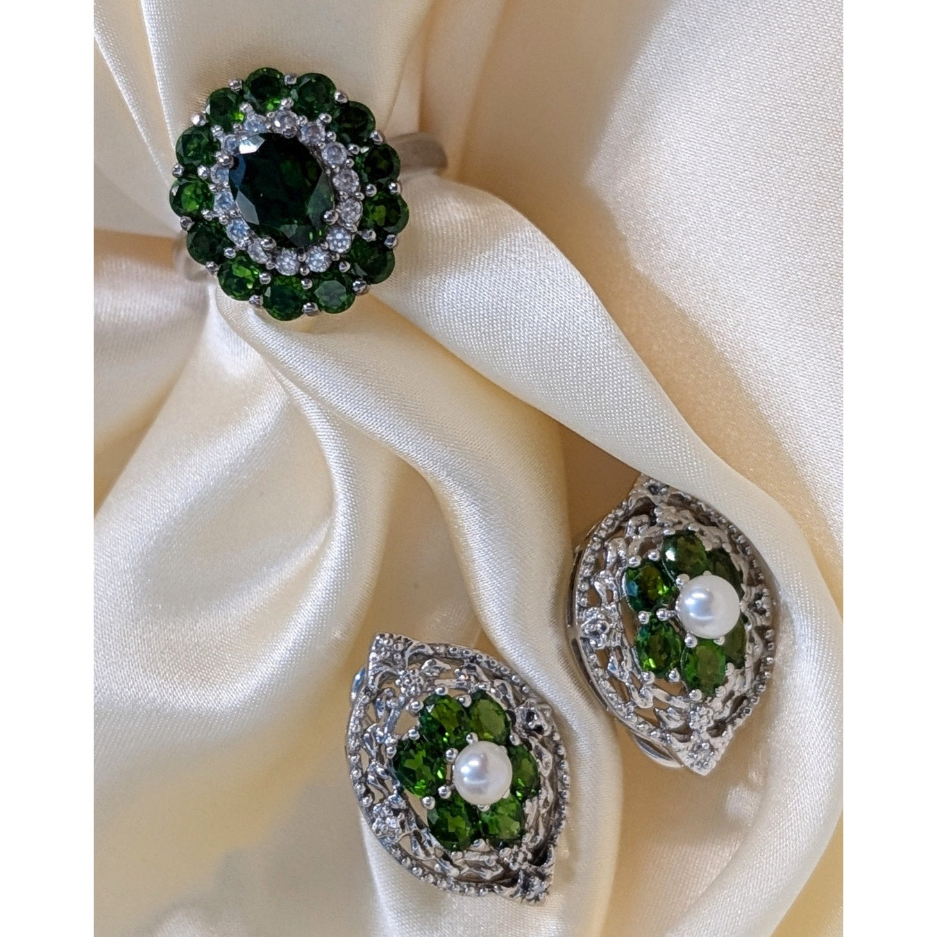 925 Sterling Silver Chrome Diopside, Pearl & Diamond Accent Earrings