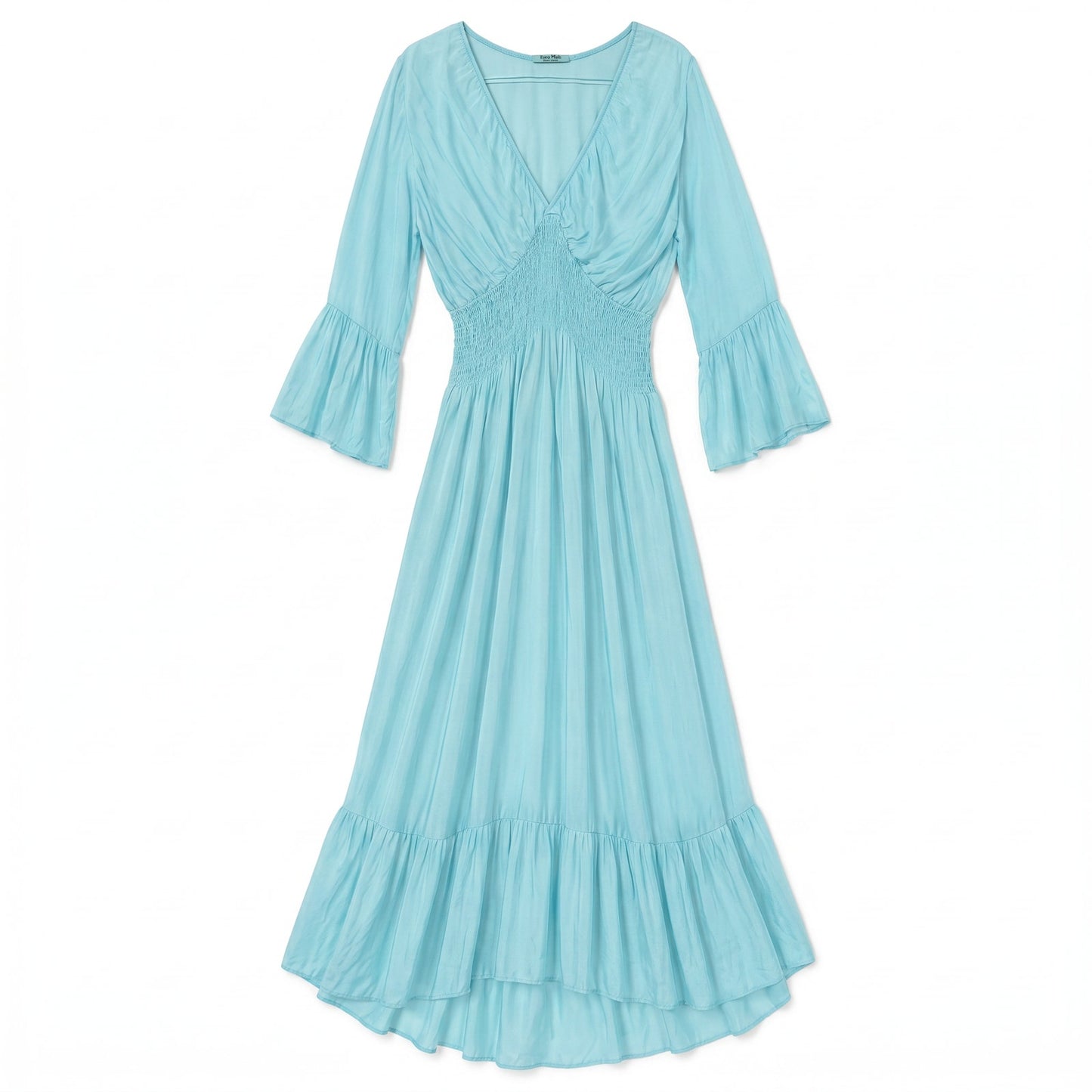 Italian 100% Silk Aqua Mint Smocked Waist Maxi Dress | Balloon Sleeves | Ruffle Hem I Italy