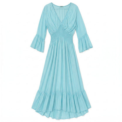Italian 100% Silk Aqua Mint Smocked Waist Maxi Dress | Balloon Sleeves | Ruffle Hem I Italy