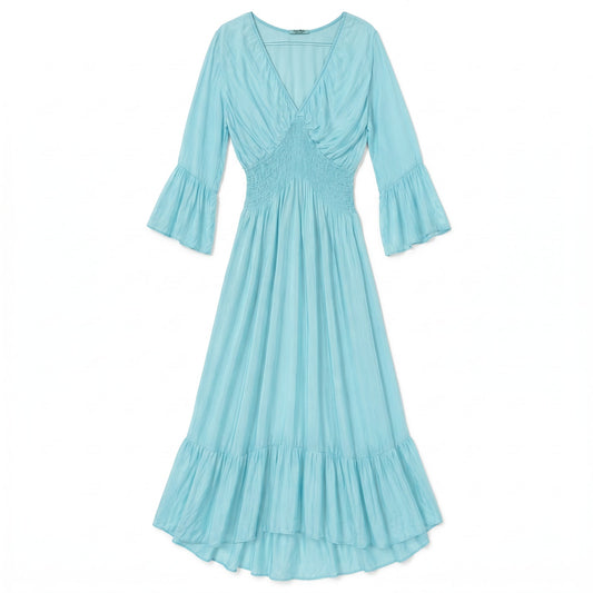 Italian 100% Silk Aqua Mint Smocked Waist Maxi Dress | Balloon Sleeves | Ruffle Hem I Italy
