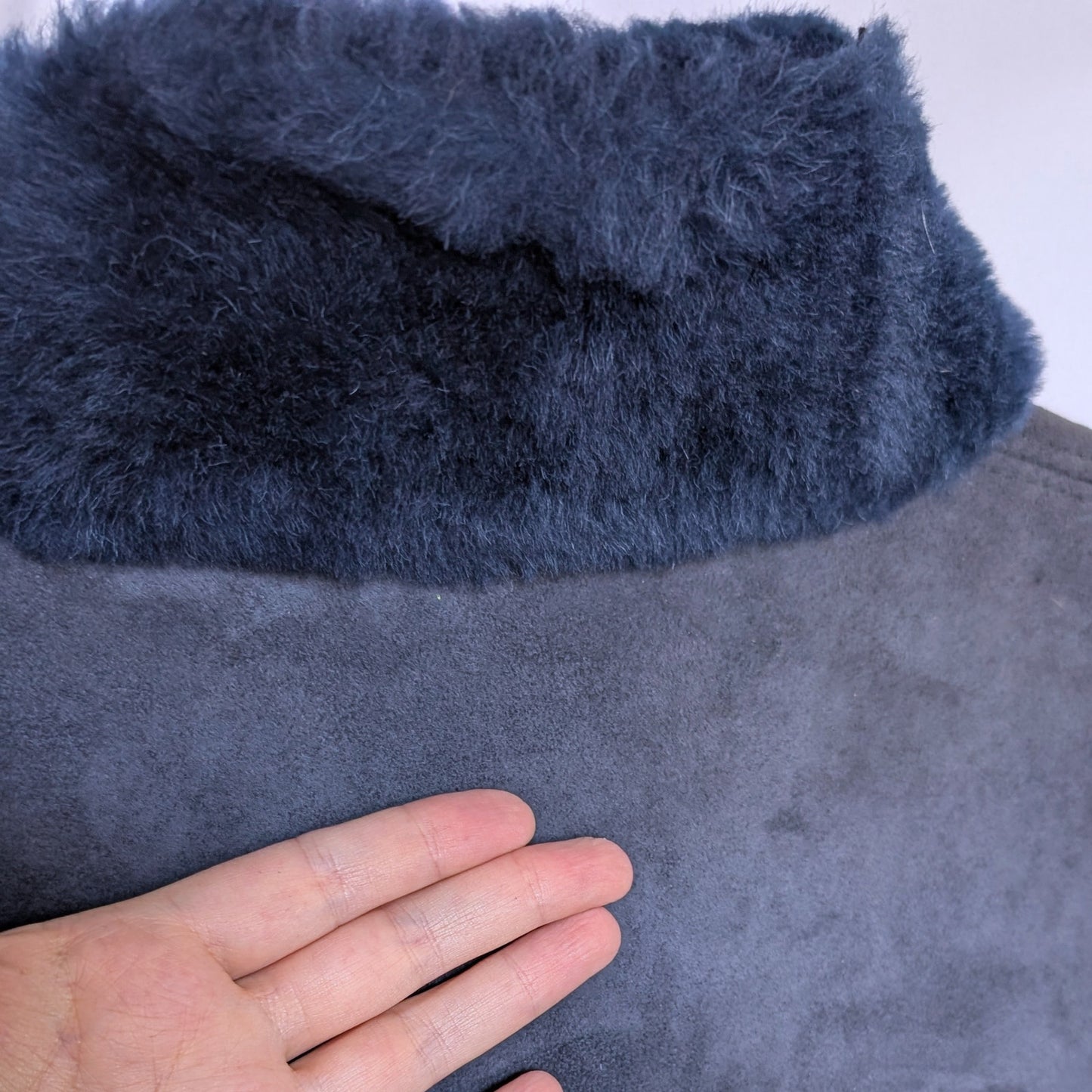 Vintage Sawyer of Napa 100% Shearling Suede Coat Navy Blue Sheepskin