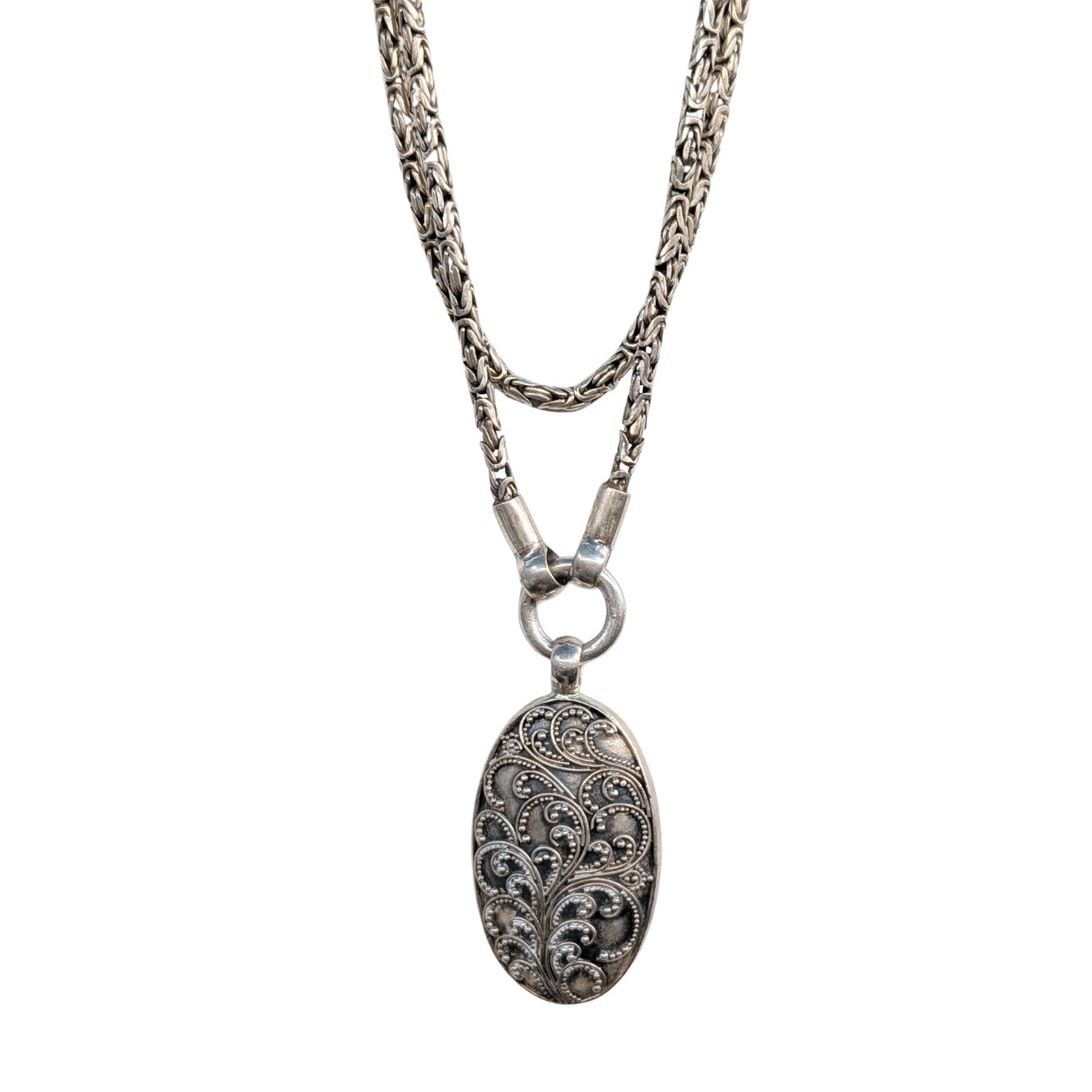 925 Sterling Silver Oval Filigree Pendant Necklace Long Vintage Style 17" Double Chain