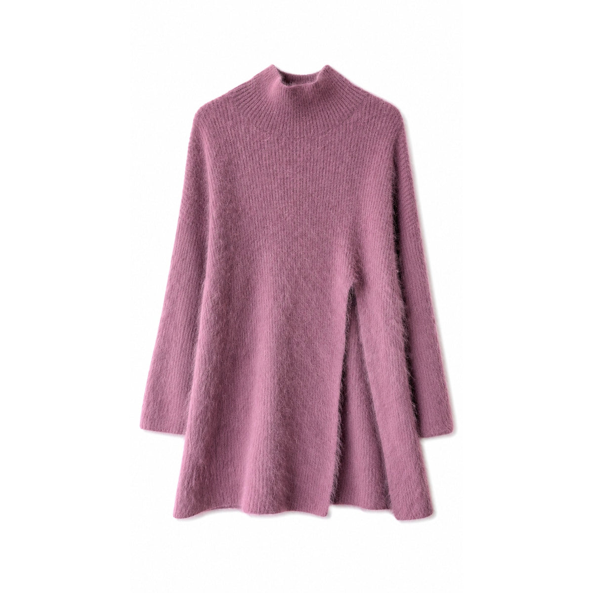 Lilac Pink Fuzzy Wool Angora Feel Mock Neck Tunic Sweater Dress, Front Slit