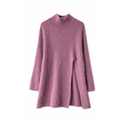 Lilac Pink Fuzzy Wool Angora Feel Mock Neck Tunic Sweater Dress, Front Slit