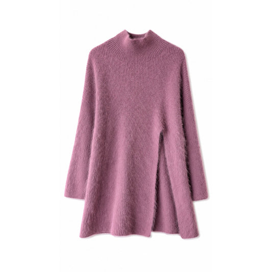 Lilac Pink Fuzzy Wool Angora Feel Mock Neck Tunic Sweater Dress, Front Slit