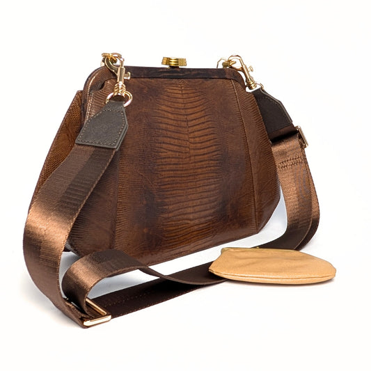 Vintage Palizzio Genuine Lizard Leather Convertible Clutch Shoulder Bag Auburn Brown