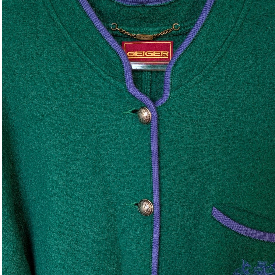 100% Virgin Boiled Green Wool Jacket Blue Trim Austrian Style
