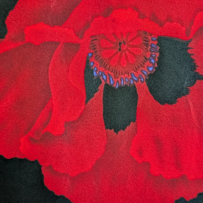 100% Silk Linda Allard Ellen Tracy Black Poppy Blouse Bold Red Floral | Button-Down