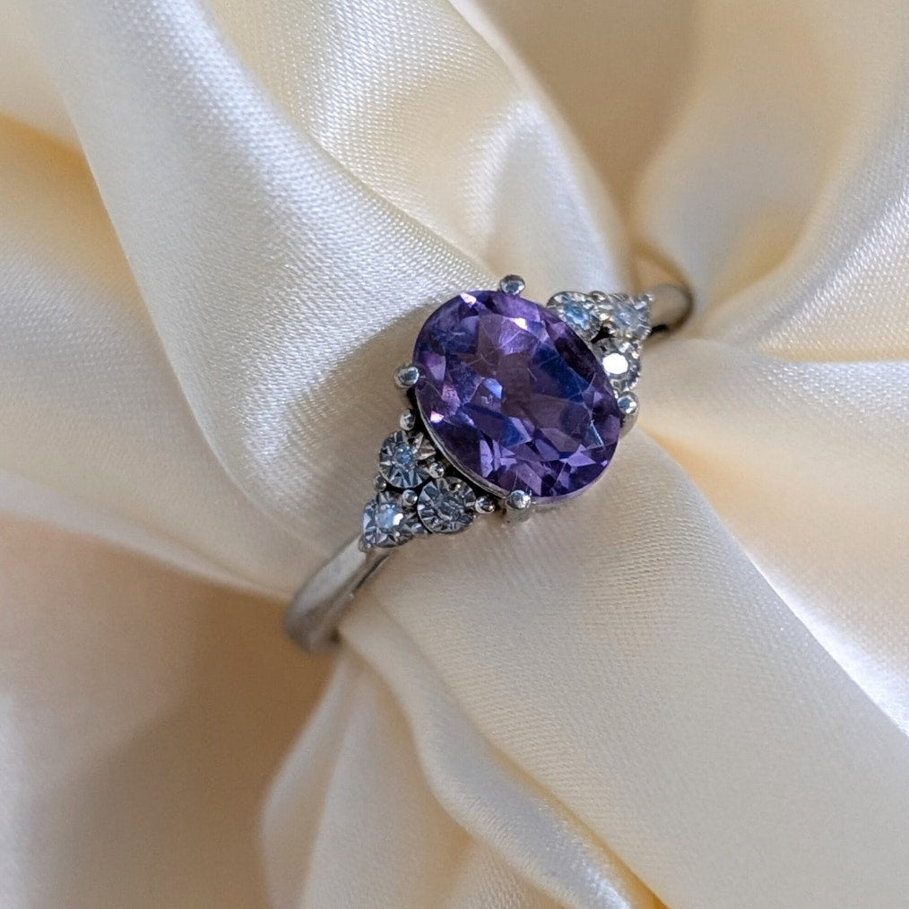 Vintage 925 Sterling Silver Amethyst & Diamond Ring Size 6.75