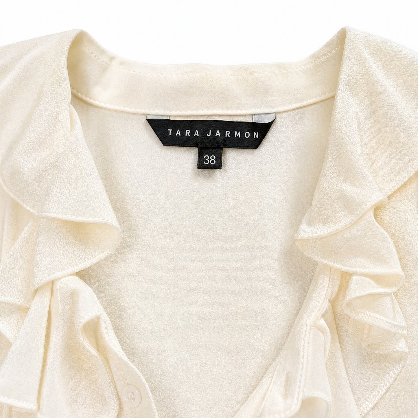 NWT 100%Silk Tara Jarmon  Cream Ecru Crepe Silk Ruffle Neck Blouse | Balloon Sleeves | US 6