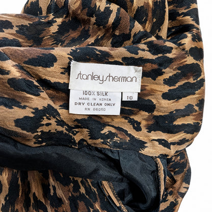 100% Silk Stanley Sherman Leopard Print Midi Dress | Bow Tie Neck