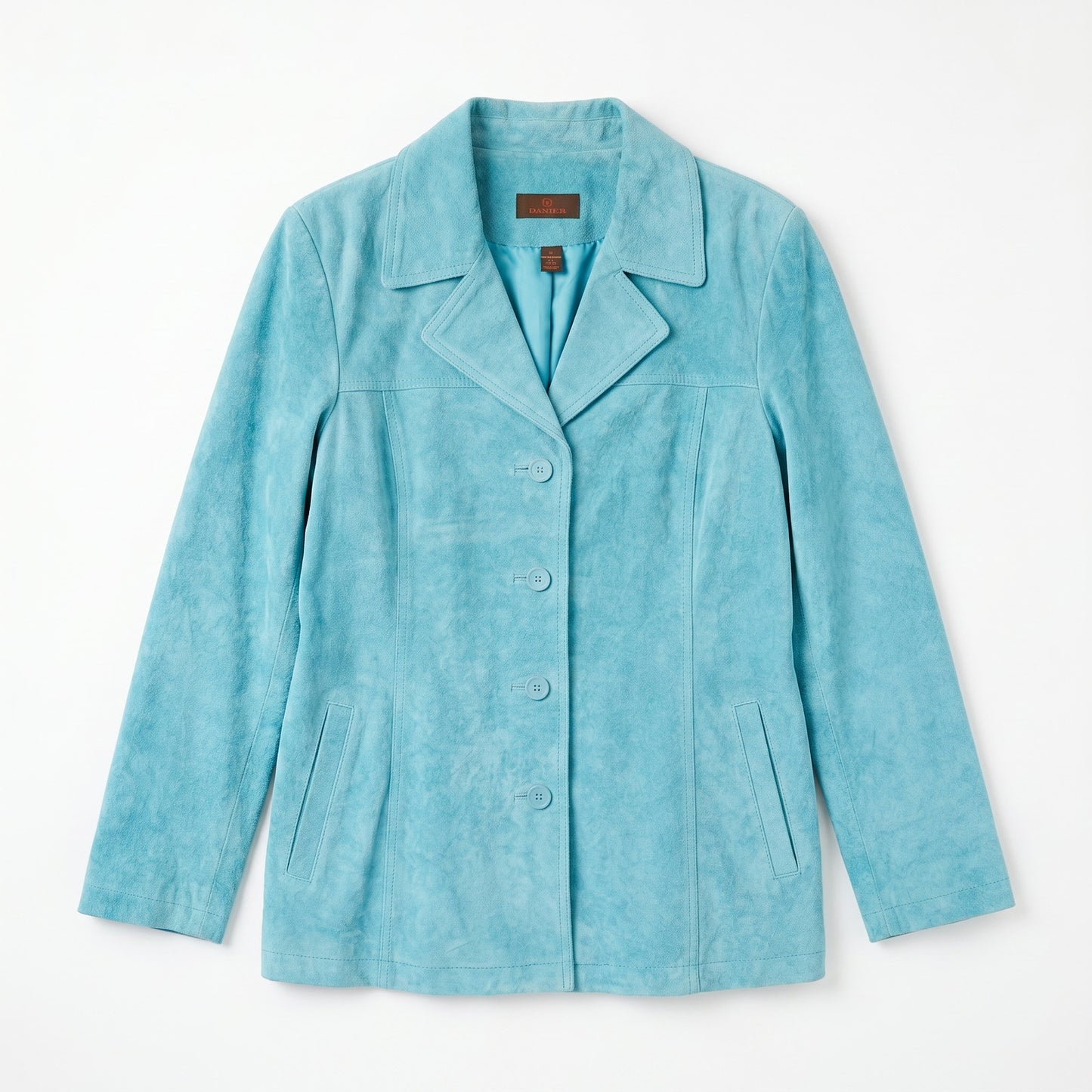 NEW Danier Genuine Leather Teal Suede Jacket | 4-Button Notch Lapel | Satin Lined