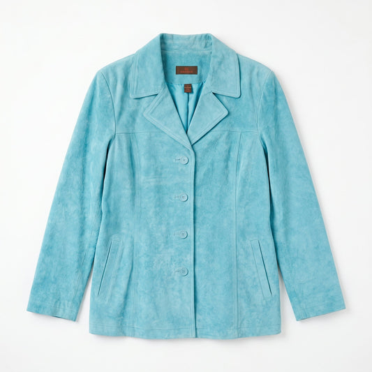 NEW Danier Genuine Leather Teal Suede Jacket | 4-Button Notch Lapel | Satin Lined