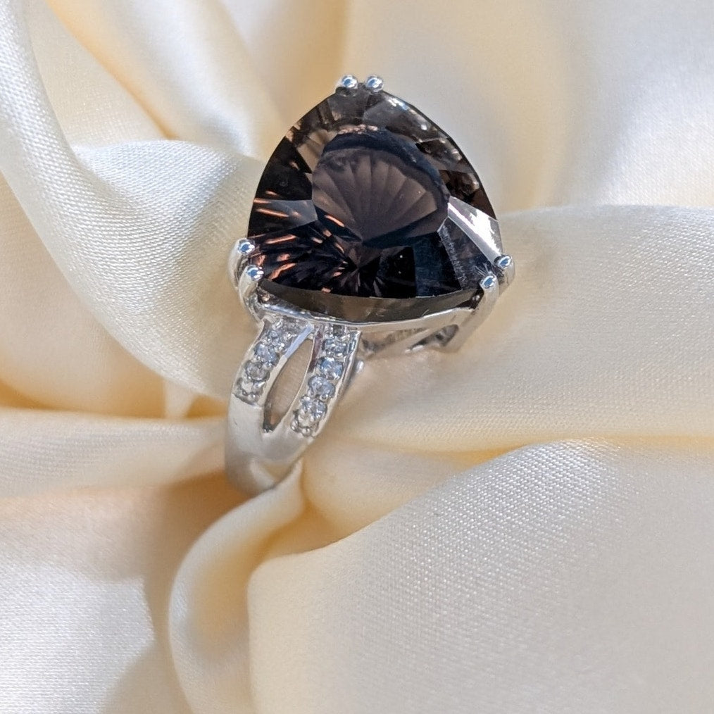 Smoky Quartz Statement Ring 925 Sterling Silver Size 5 Trillion Cut CZ Accent Ring