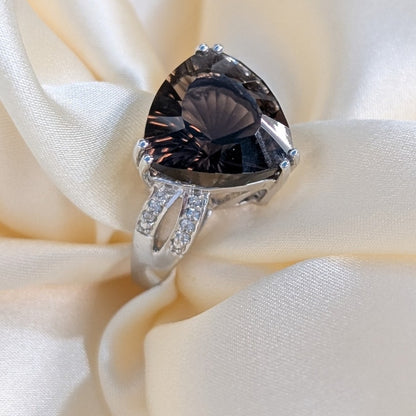 Smoky Quartz Statement Ring 925 Sterling Silver Size 5 Trillion Cut CZ Accent Ring