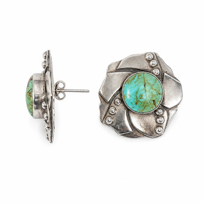 intage 925 Sterling Silver Natural Turquoise Statement Floral Stud Earrings