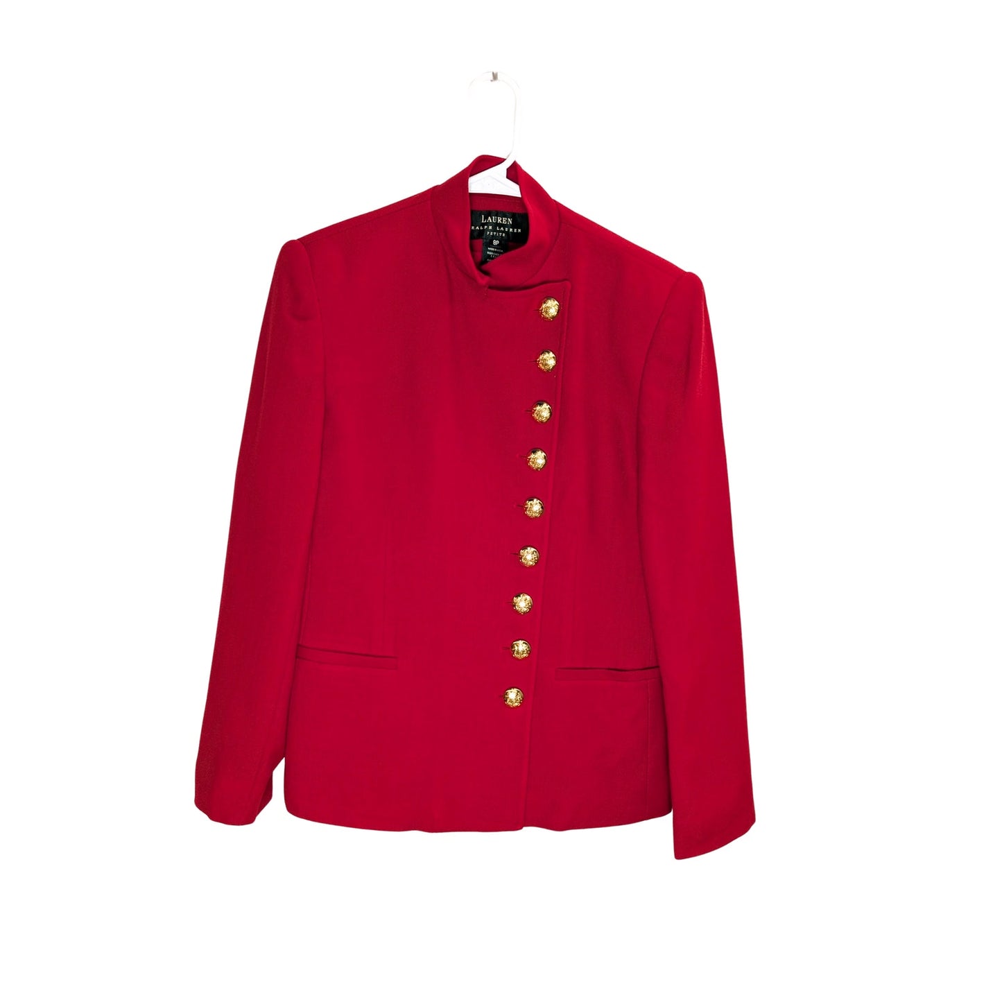 Ralph Lauren, collectable fashion, golden buttons, red jacket, red blazer, military blazer, military jacket, 100% wool, vintage jacket, petite blazer, mandarin collar