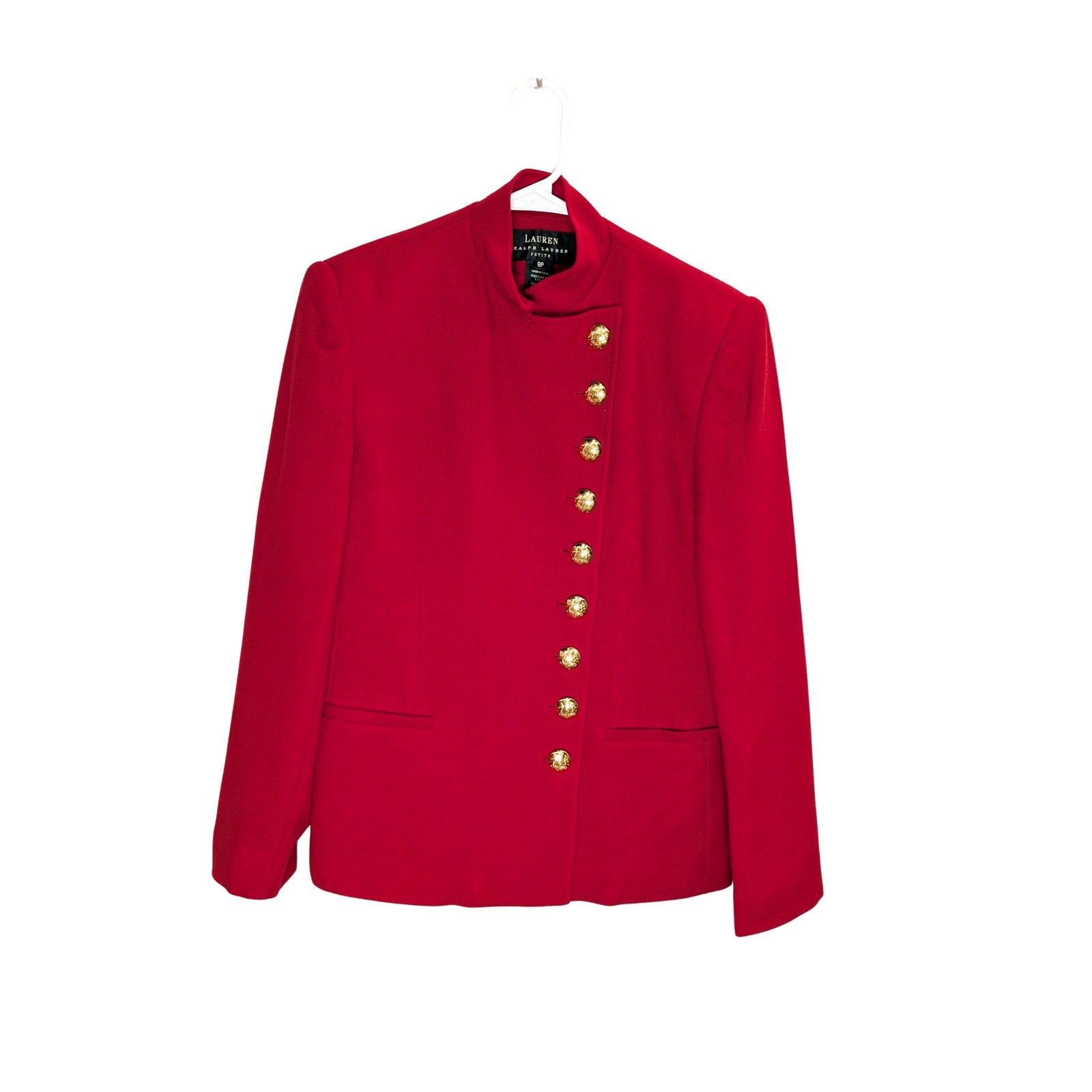 Ralph Lauren, collectable fashion, golden buttons, red jacket, red blazer, military blazer, military jacket, 100% wool, vintage jacket, petite blazer, mandarin collar