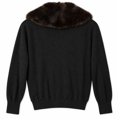 Vintage Handmade 100% Cashmere Cardigan Genuine Detachable Mink Collar Black Brown