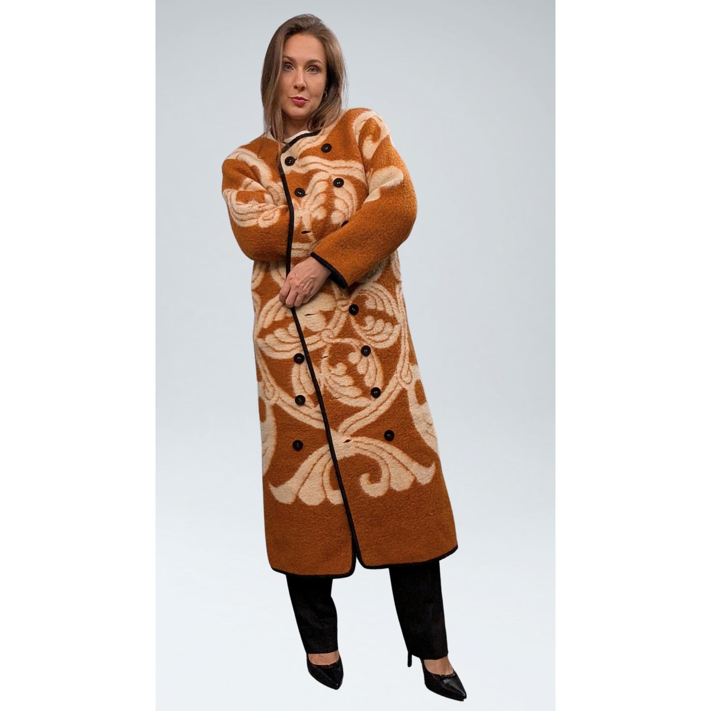 Carleen Upcycled Wool Blanket Coat Pumpkin & Cream