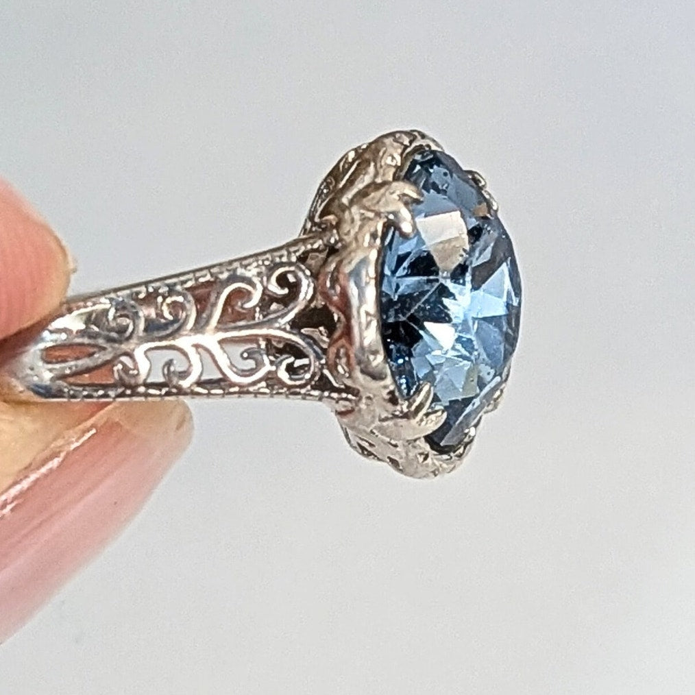 925 Sterling Silver Blue Statement Ring Size 5.5  Vintage Style Cocktail Ring