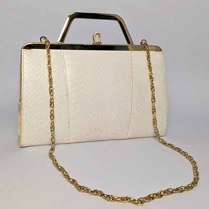 100% Genuine Snake Skin Vintage Clutch Made in England White Gold Leather Lined Evening Bag