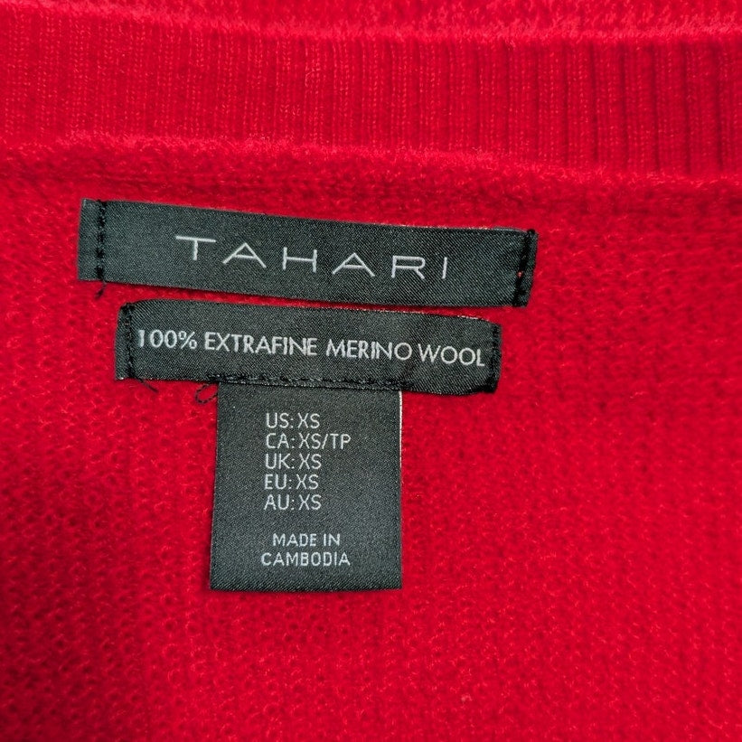 Tahari Red 100% Extra Fine Merino Wool V-Neck Sweater, Size XS