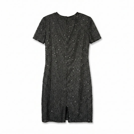 100% Silk Embellished Cocktail Evening Dress JMD New York Black Silk Beaded Midi Dress Size L