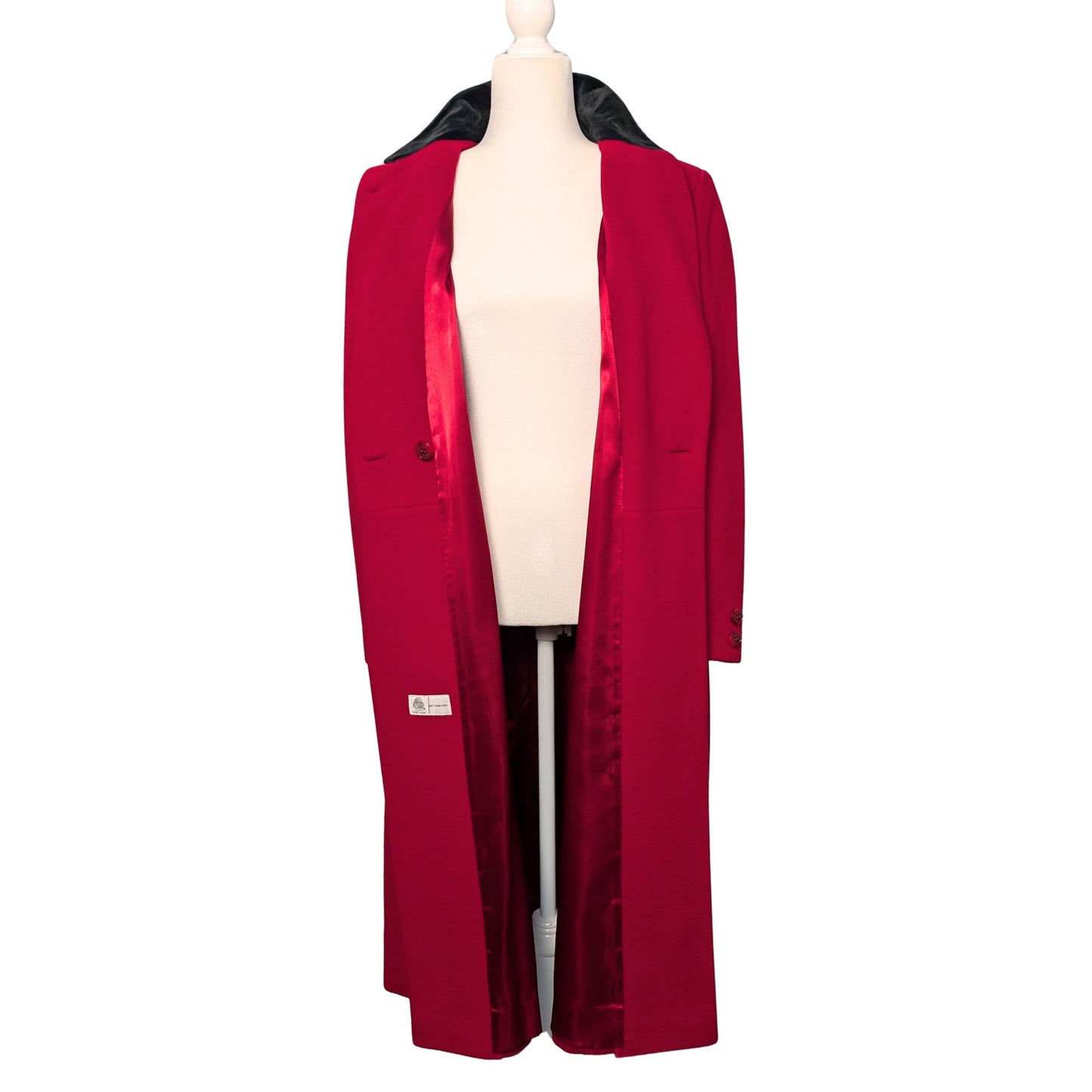 Vintage Raspberry Red Wool Double-Breasted Coat with Black Velvet Collar