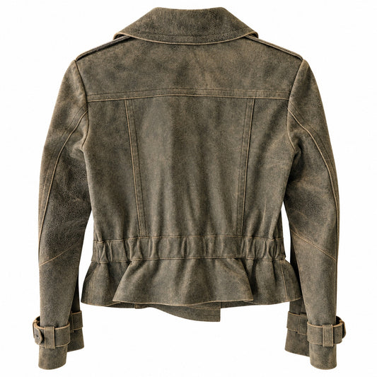Express Distressed Leather Double Breasted Cropped Jacket Olive Peplum Size S