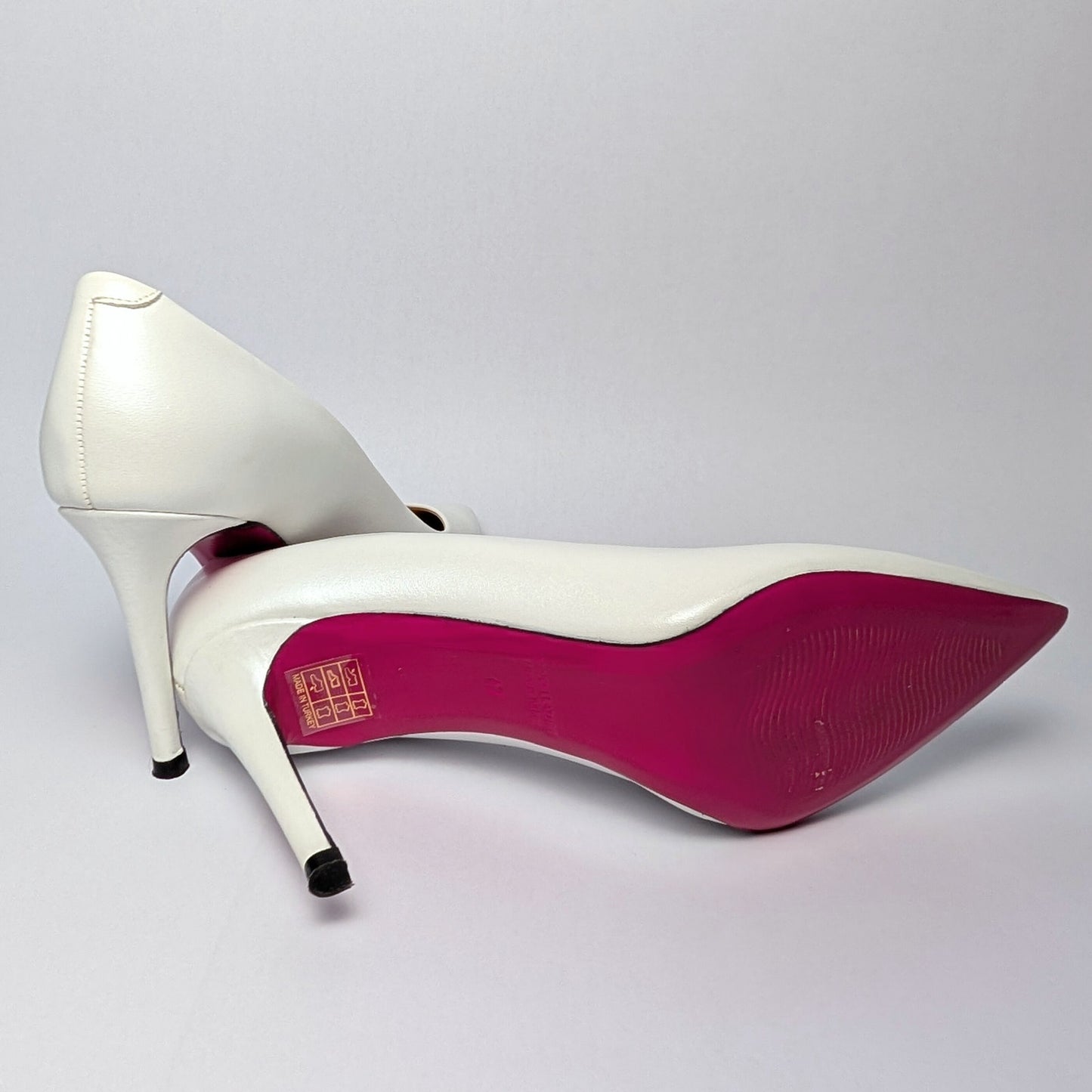 Vinci White Pearly Stiletto Heels with Fuchsia Sole Size 42