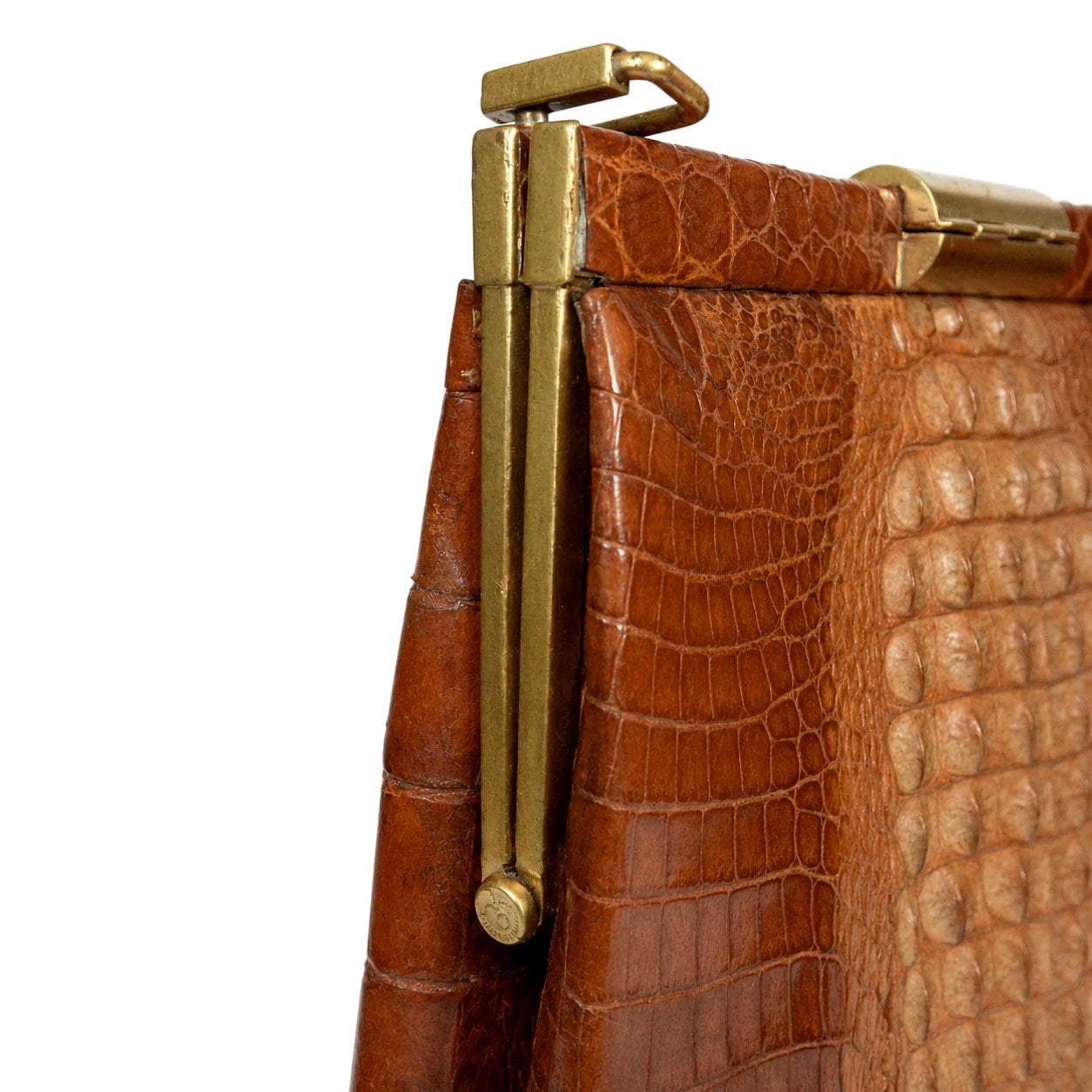 Vintage 100% Genuine Crocodile Skin Handbag Brown Suede Lined Gold Frame Shoulder Strap Mirror