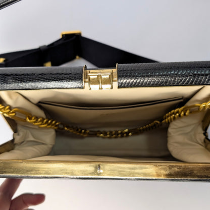 100%  Genuine Lizard Skin Bellestone Vintage Handbag Black Leather Top Handle Purse Upgraded Crossbody