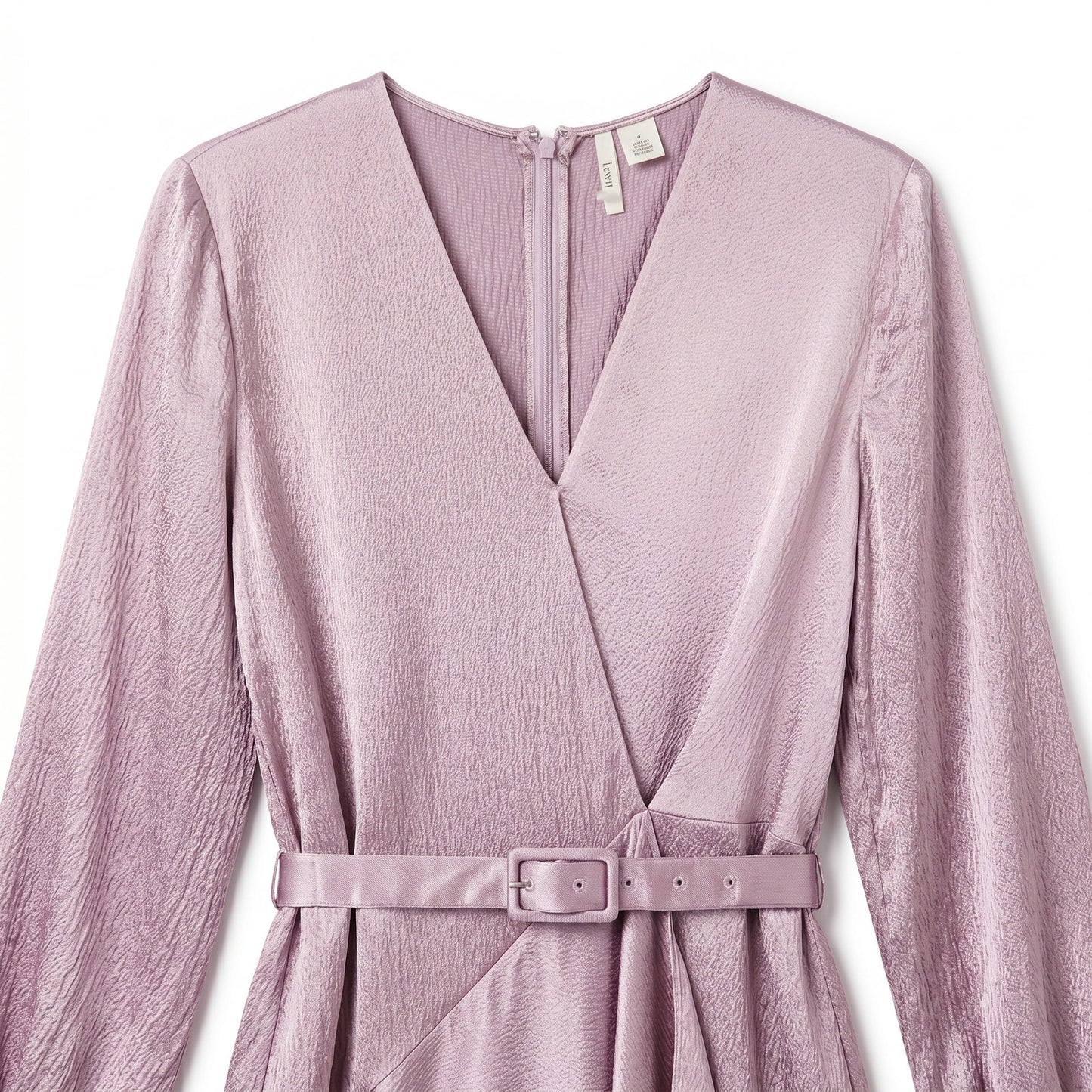 100% Silk Lewit Lilac Crinkle  Midi Dress | V-Neck Blouson Sleeves | Buckle Belt