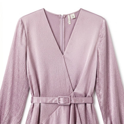 100% Silk Lewit Lilac Crinkle  Midi Dress | V-Neck Blouson Sleeves | Buckle Belt