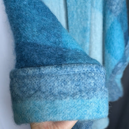 Vintage Donegal Design Mohair Wool Cape Blue Ombre Ruana with Scarf