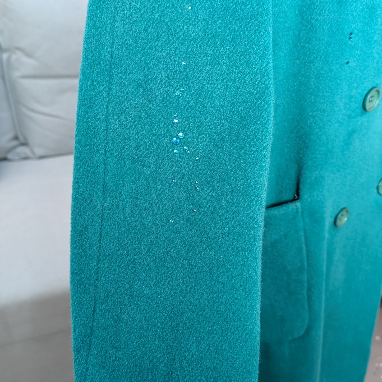 Vintage Teal Wool Double-Breasted Coat with Austrian Crystal Detail