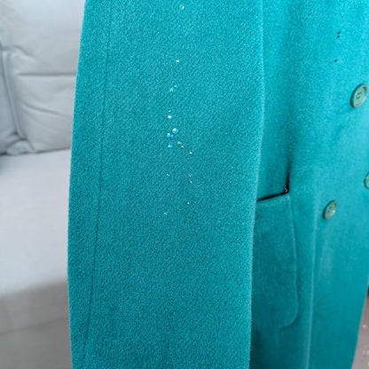 Vintage Teal Wool Double-Breasted Coat with Austrian Crystal Detail