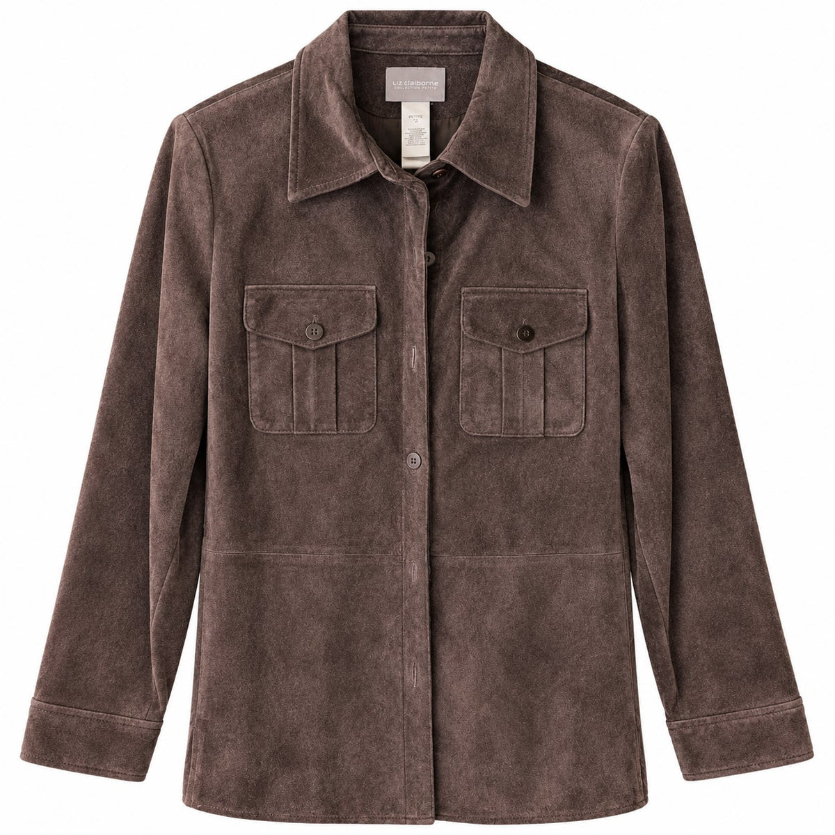 Liz Claiborne Collection Petite Brown Suede Shirt Jacket Snap Pockets PM NWT