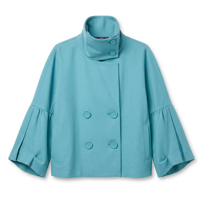 NWT Per Se Teal Double-Breasted Cropped Jacket | Cowl Neck | Bell Sleeves | 98% Wool