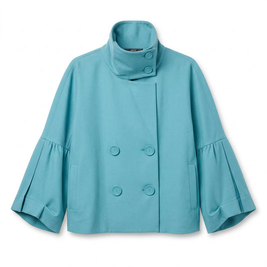 NWT Per Se Teal Double-Breasted Cropped Jacket | Cowl Neck | Bell Sleeves | 98% Wool