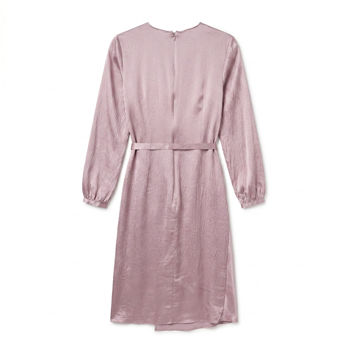 100% Silk Lewit Lilac Crinkle  Midi Dress | V-Neck Blouson Sleeves | Buckle Belt