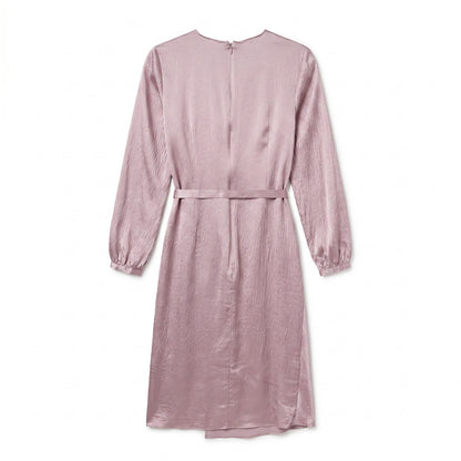 100% Silk Lewit Lilac Crinkle  Midi Dress | V-Neck Blouson Sleeves | Buckle Belt