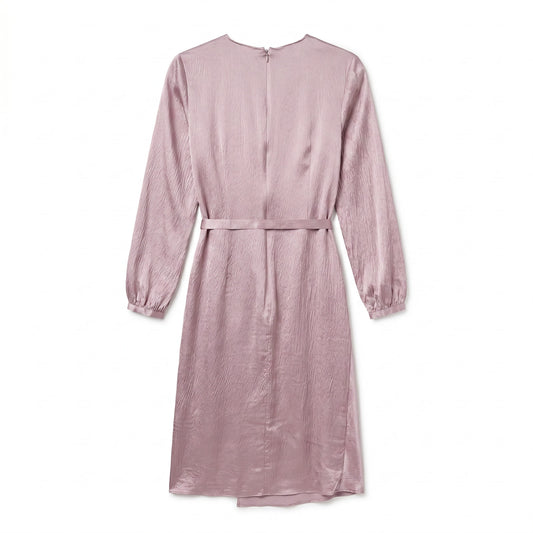 100% Silk Lilac Crinkle Midi Dress Lewit | Blouson Sleeves | Buckle Belt | 4